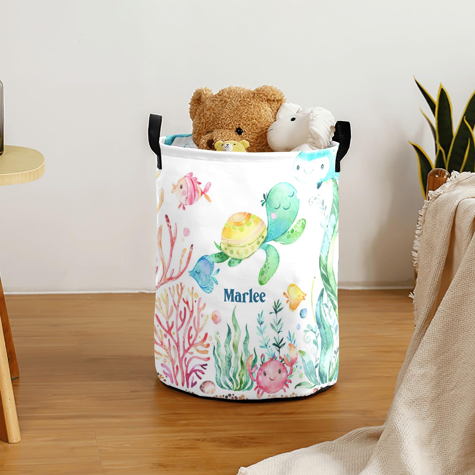 Under the Sea Turtle Jellyfish Personalized Laundry Basket Clothes Hamper with Handles Waterproof,Custom Collapsible Laundry Storage Baskets for Bedroom,Bathroom Decorative Large Capacity