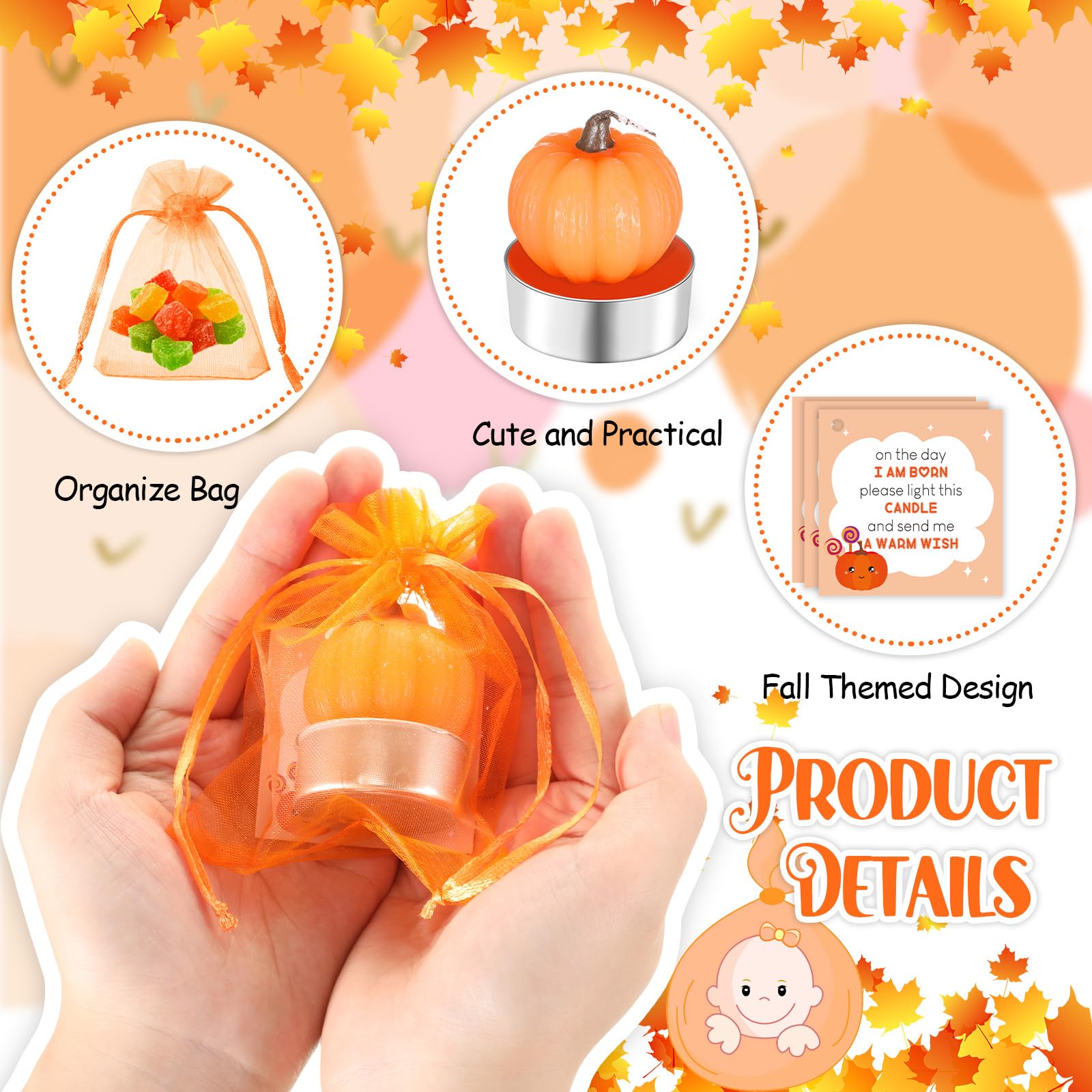 MTLEE 48 Sets Baby Shower Favors Include 48 Succulent Pumpkin Shaped Candles Fall Mini Plants Tea Lights Candles with 48 Invitations Cards and 48 Organza Bags for Baby Gender Reveal Guests(Pumpkin)