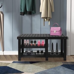 Babion Shoe Storage Bench, 3-Tier Shoe Rack for Entryway, Shoe Rack with Bench, Shoe Bench with Storage Shelf, Shoe Bench, Shoe Stand,Wooden Shoe Rack for Closet, Hallway, Living Room(Black)