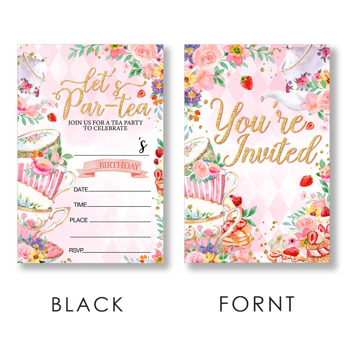 Tea Party Birthday Invitations Supplies Fill-In Set of 20 with Envelopes Pastel Tea Birthday Bash Invites Cards, Double Sided