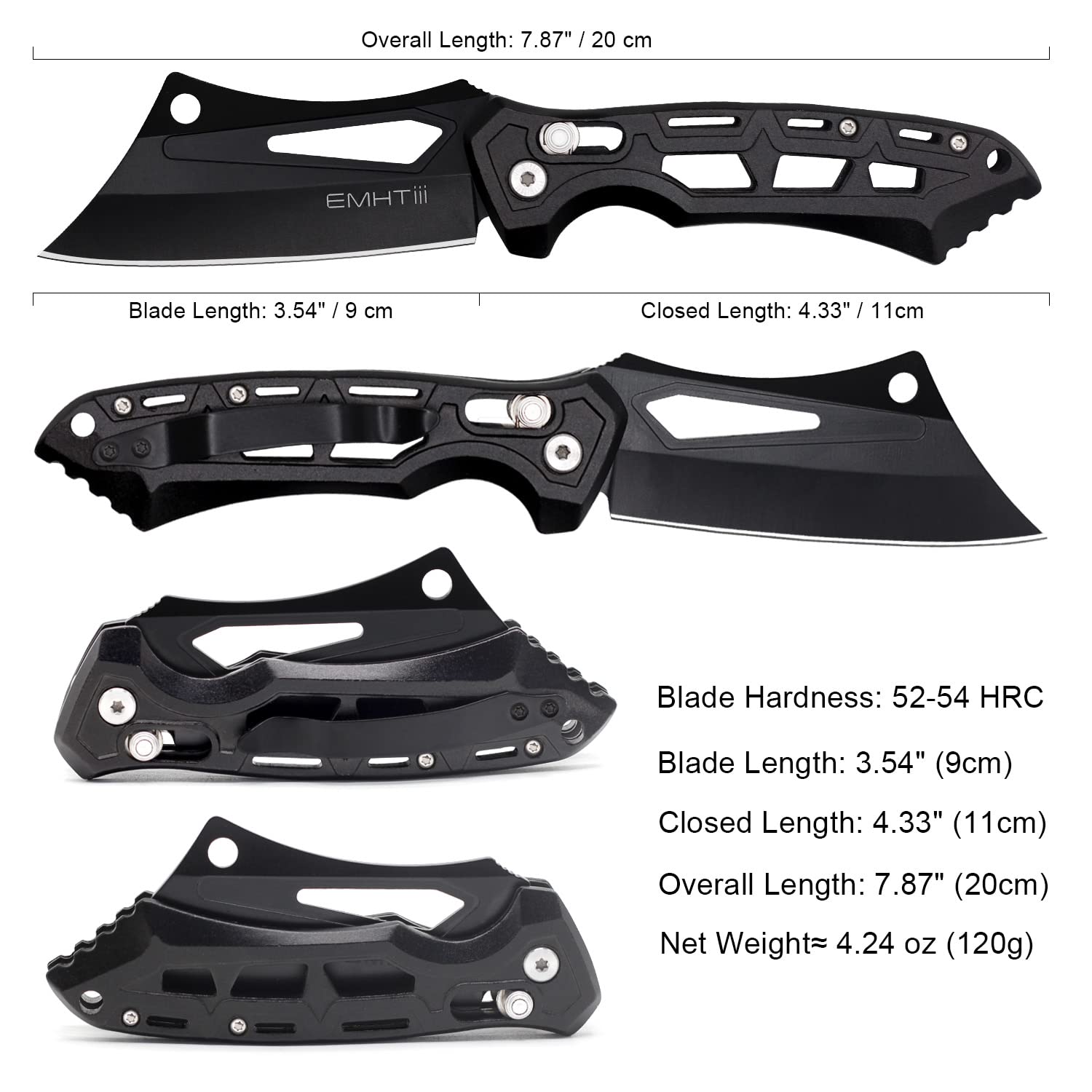 EMHTiii Cleaver Pocket Folding Knife for Men - 3.54" Stainless Steel Black Blade, Aluminum Handle with Clip, EDC Knives for Outdoor, Camping