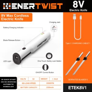 ENERTWIST Cordless Rechargeable Electric Knife 1S Quick Start One-Hand Operation with 4 Stainless Steel Blades and Safety Lock Button, Carving Bread, Meats, Turkey, Crafting Foam