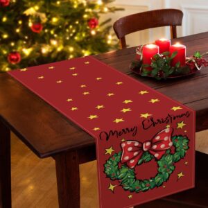 Seliem Merry Christmas Wreath Table Runner, Xmas Red Polka Dot Bow Stars Kitchen Dining Table Decor, Winter Holiday Farmhouse Home Decoration Indoor Outdoor Party Supply 13 x 72 Inches