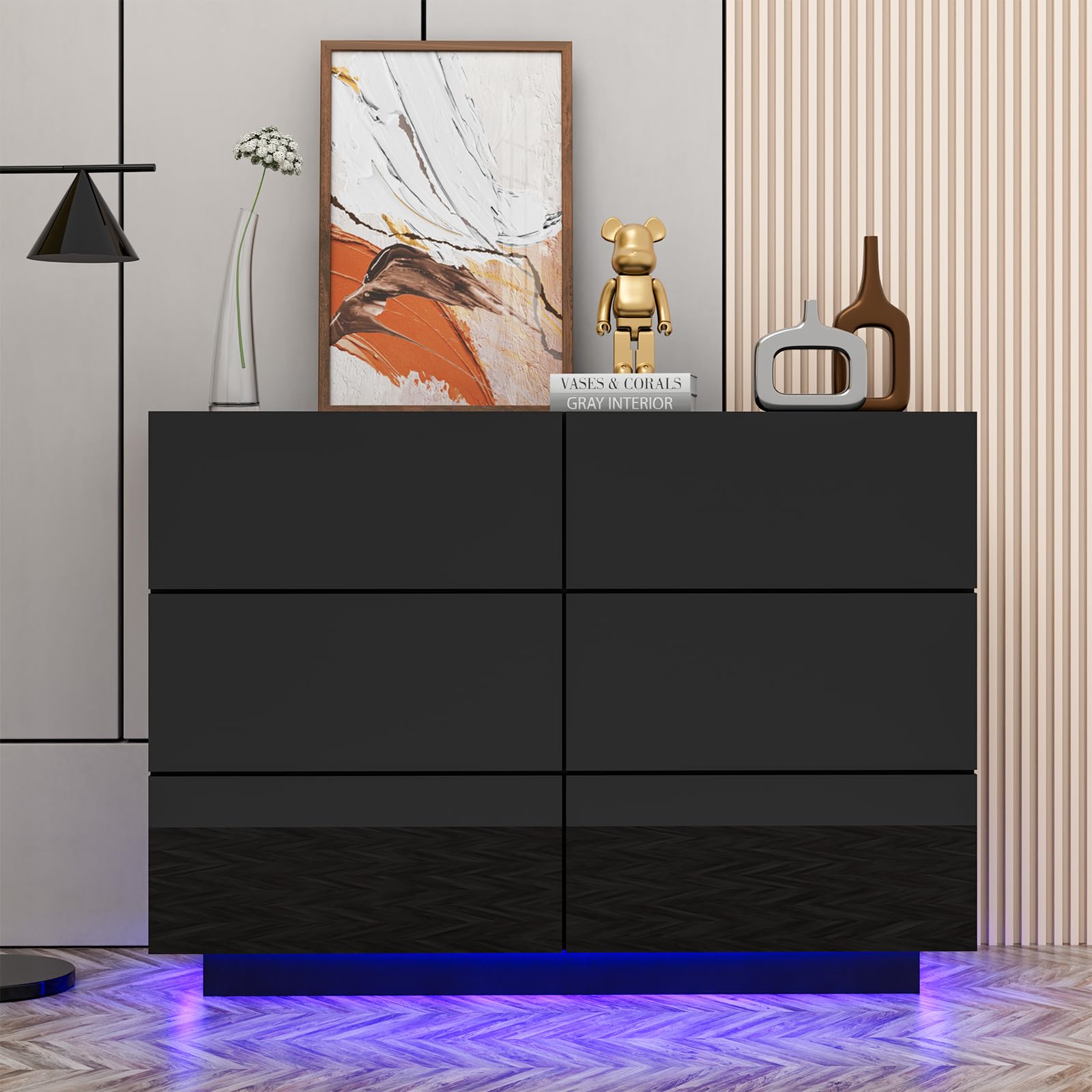 Anbuy LED 6 Drawer Dresser, Modern Dresser with High Gloss Drawers Dual Chest of Drawers Black Dresser for Bedroom with Lights (Black)