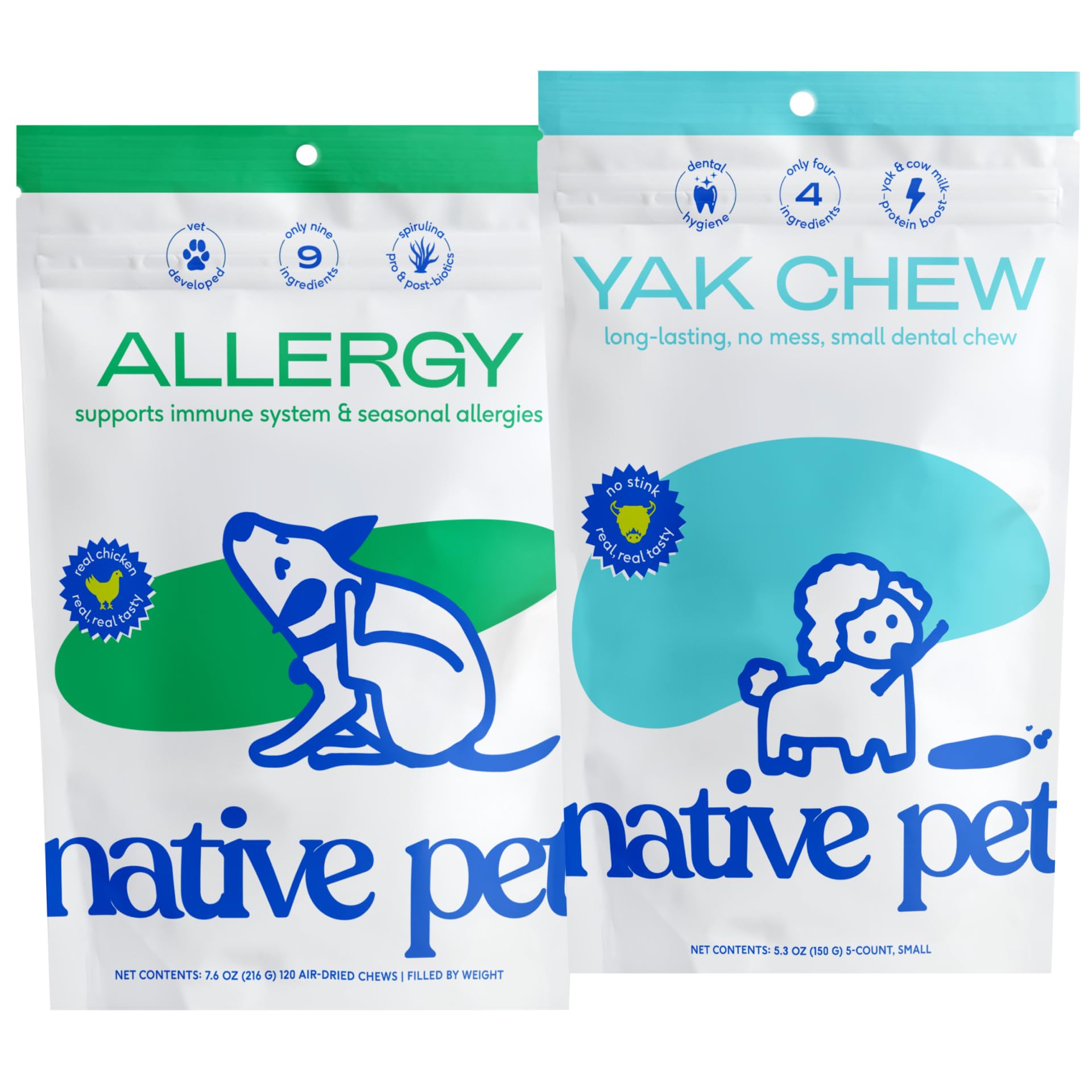 Native Pet Dog Allergy Chews (60 Chews) & Yak Chews for Dogs (5 Small Chews)