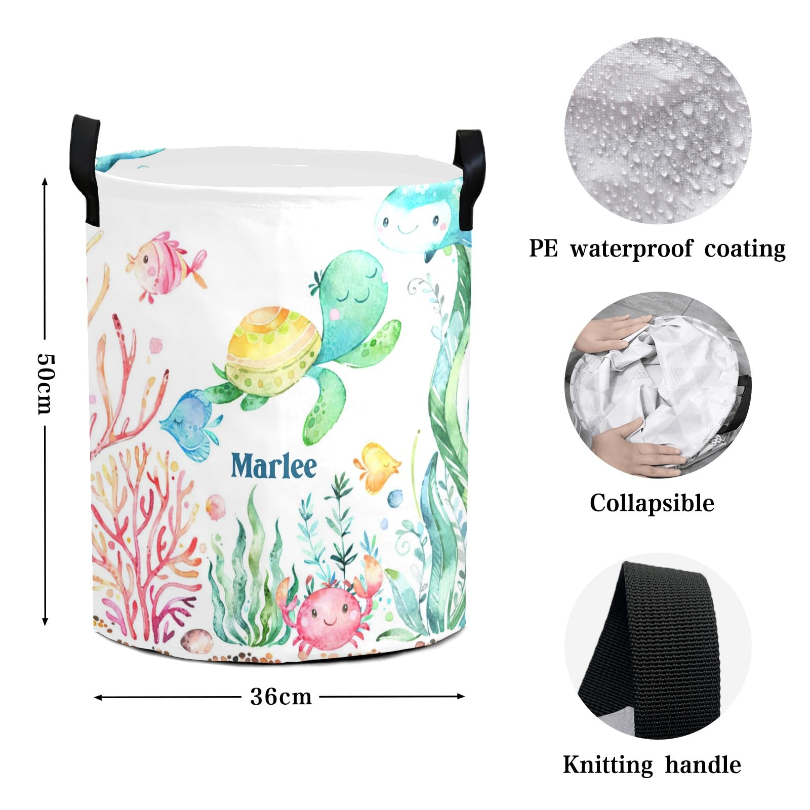 Under the Sea Turtle Jellyfish Personalized Laundry Basket Clothes Hamper with Handles Waterproof,Custom Collapsible Laundry Storage Baskets for Bedroom,Bathroom Decorative Large Capacity