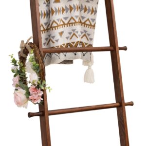 HYBDAMAI Blanket Ladder, 5-Tier Wooden Quilt Stand, Decorative Ladder Shelf, Farmhouse Ladder Blanket Holder, Wall Leaning Blanket Ladder Towel Storage Rack for Living Room, Brown