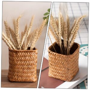 OSALADI Makeup Seagrass Weaving Remote Desk Organizer Pencil Small Vase Flower Wicker Utensil Control Kitchen Plant Office Brush Straw Pen Basket Rattan Trash Can Holder Desktop