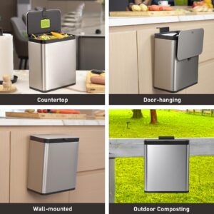 EKO Kitchen Compost Bin Countertop, 7L / 1.85 Gal Stainless Steel Compost Bin with Removable Inner Bucket and Deodorizer Compartment, 2 in 1 Countertop Compost Bin with Lid, Food Waste Compost Caddy