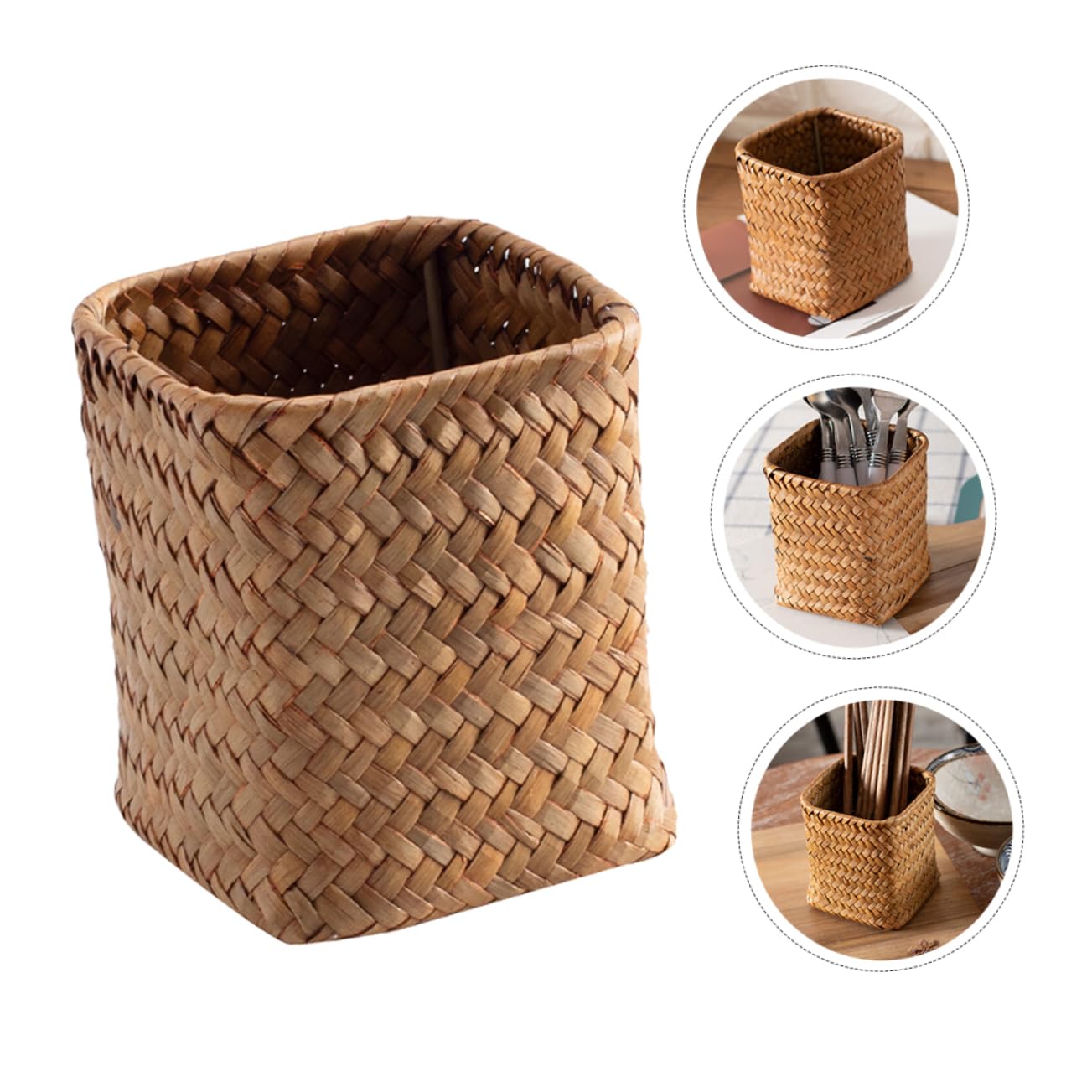 OSALADI Makeup Seagrass Weaving Remote Desk Organizer Pencil Small Vase Flower Wicker Utensil Control Kitchen Plant Office Brush Straw Pen Basket Rattan Trash Can Holder Desktop