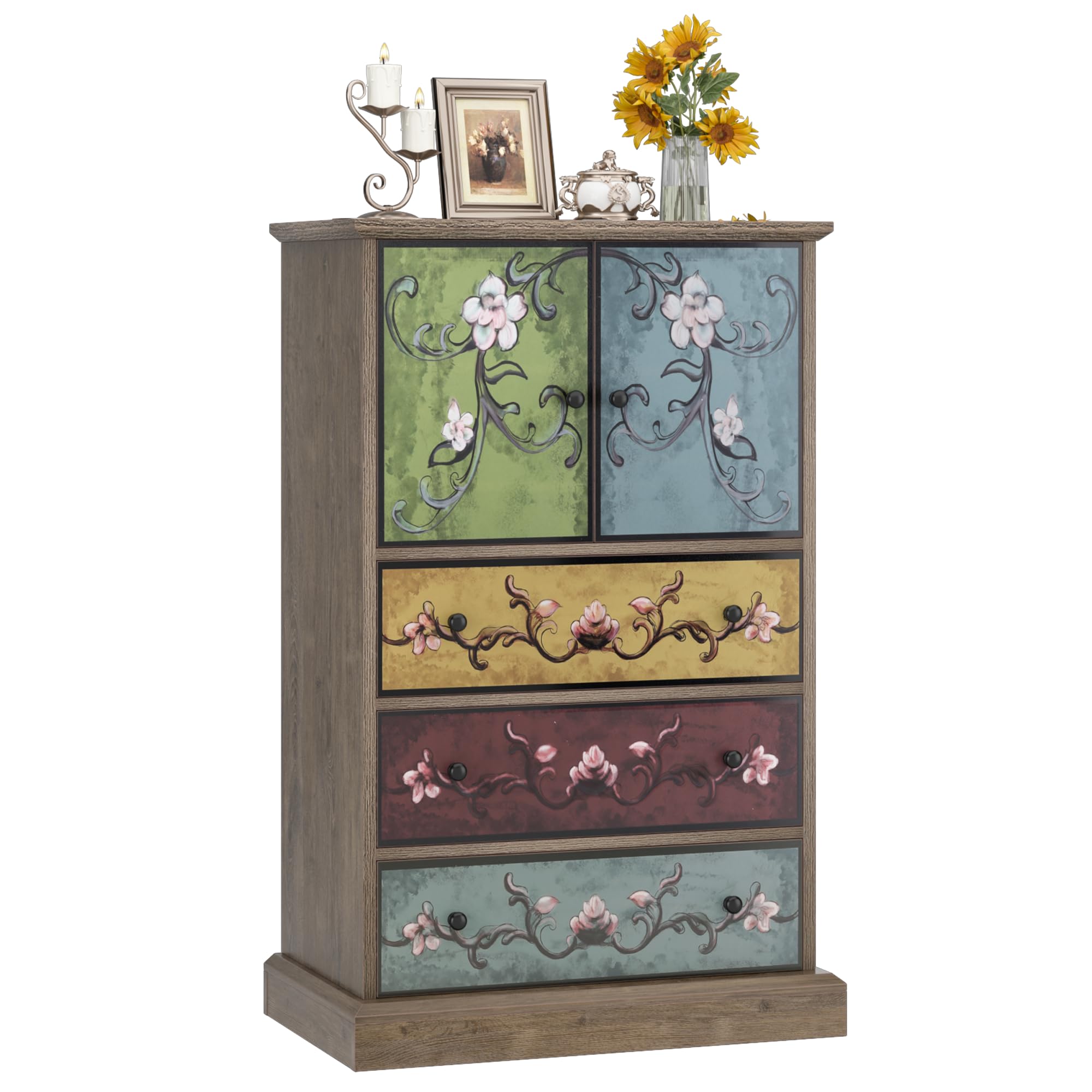 FINETONES Wood Dresser Chest of Drawers, Tall Dresser Boho Dresser with Drawers and Doors, 16.1D x 23.6W 42.3H Inch Wood Dresser Accent Dresser for Home Office