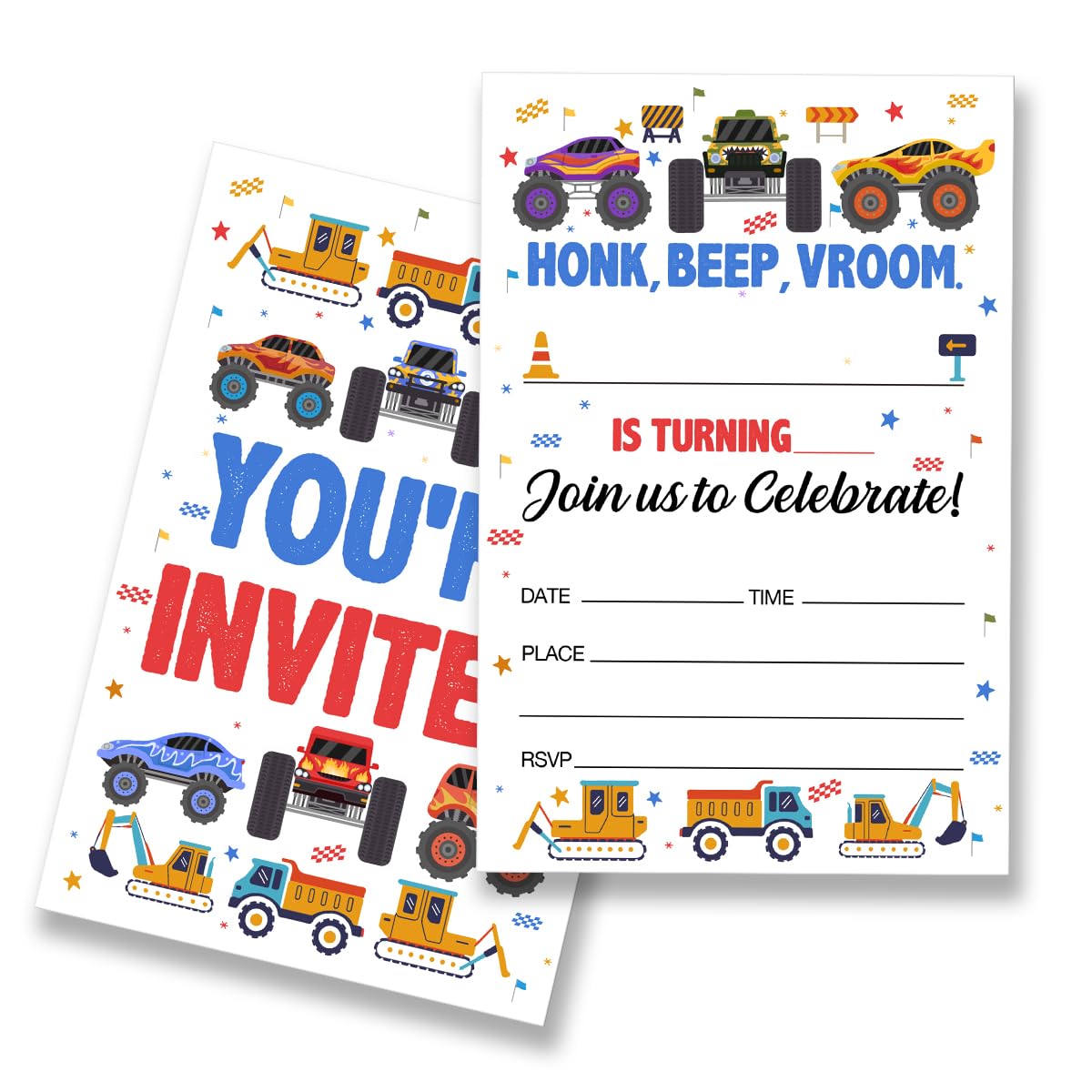 EUDOSI Transportation Birthday Party Invitations Supplies Fill-In Set of 20 with Envelopes Truck and Cars Birthday Invites Cards, Double Sided