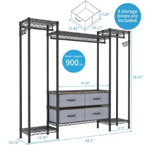 Large Garment Rack Heavy Duty Clothes Rack,Freestanding Closet Portable Clothing Rack with 8 Adjustable Wire Shelves,3 Hang Rods,4 Fabric Drawers,2 Hooks,Metal Closet Storage Wardrobe,MaxLoad 900lbs