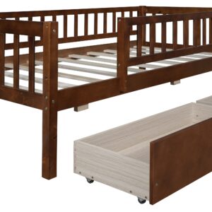 Harper & Bright Designs Twin Daybed with Two Drawers, Wood Twin Size Bed Frame with Fence Rails and Storage,Montessori Twin Bed for Kids Girls Boys,No Box Spring Needed,Walnut