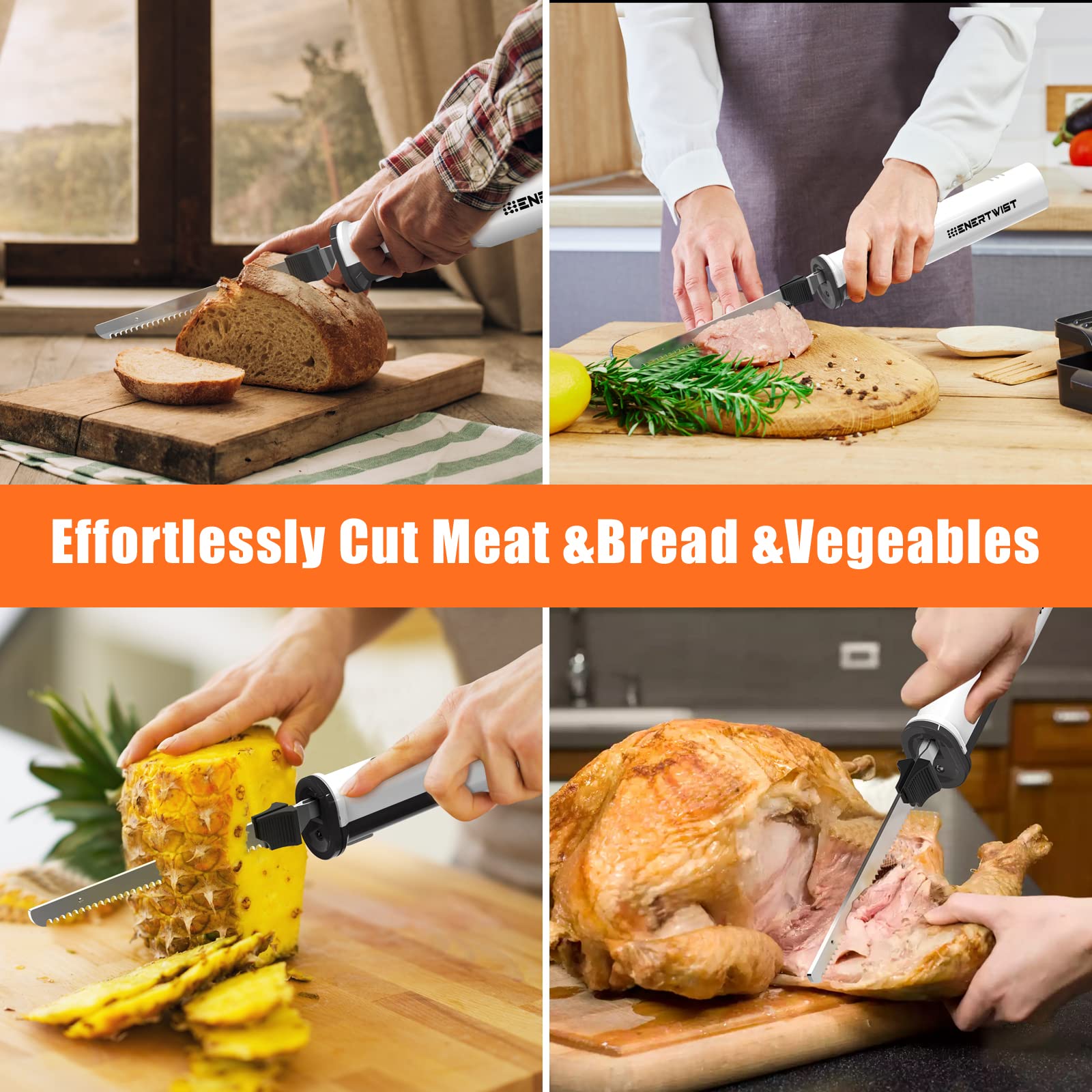 ENERTWIST Cordless Rechargeable Electric Knife 1S Quick Start One-Hand Operation with 4 Stainless Steel Blades and Safety Lock Button, Carving Bread, Meats, Turkey, Crafting Foam