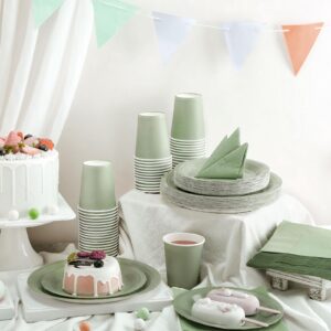 Dandat 200 Pcs Sage Green Dinnerware Set Sage Party Supplies 50 Pcs 7'' Disposable Plates 50 Pcs 9'' Paper Plates 50 Pcs Paper Cups 50 Pcs Napkins for Birthday Baby Shower Wedding Party (Sage Green)