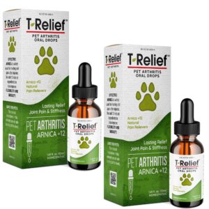 medinatura t-relief pet arthritis pain relief arnica +12 powerful natural medicines help reduce hip & joint pain soreness & stiffness fast-acting soother for dog & cat - 1.69 oz (2 pack)