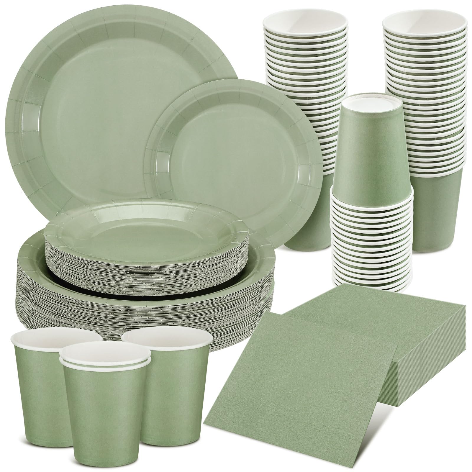 Dandat 200 Pcs Sage Green Dinnerware Set Sage Party Supplies 50 Pcs 7'' Disposable Plates 50 Pcs 9'' Paper Plates 50 Pcs Paper Cups 50 Pcs Napkins for Birthday Baby Shower Wedding Party (Sage Green)