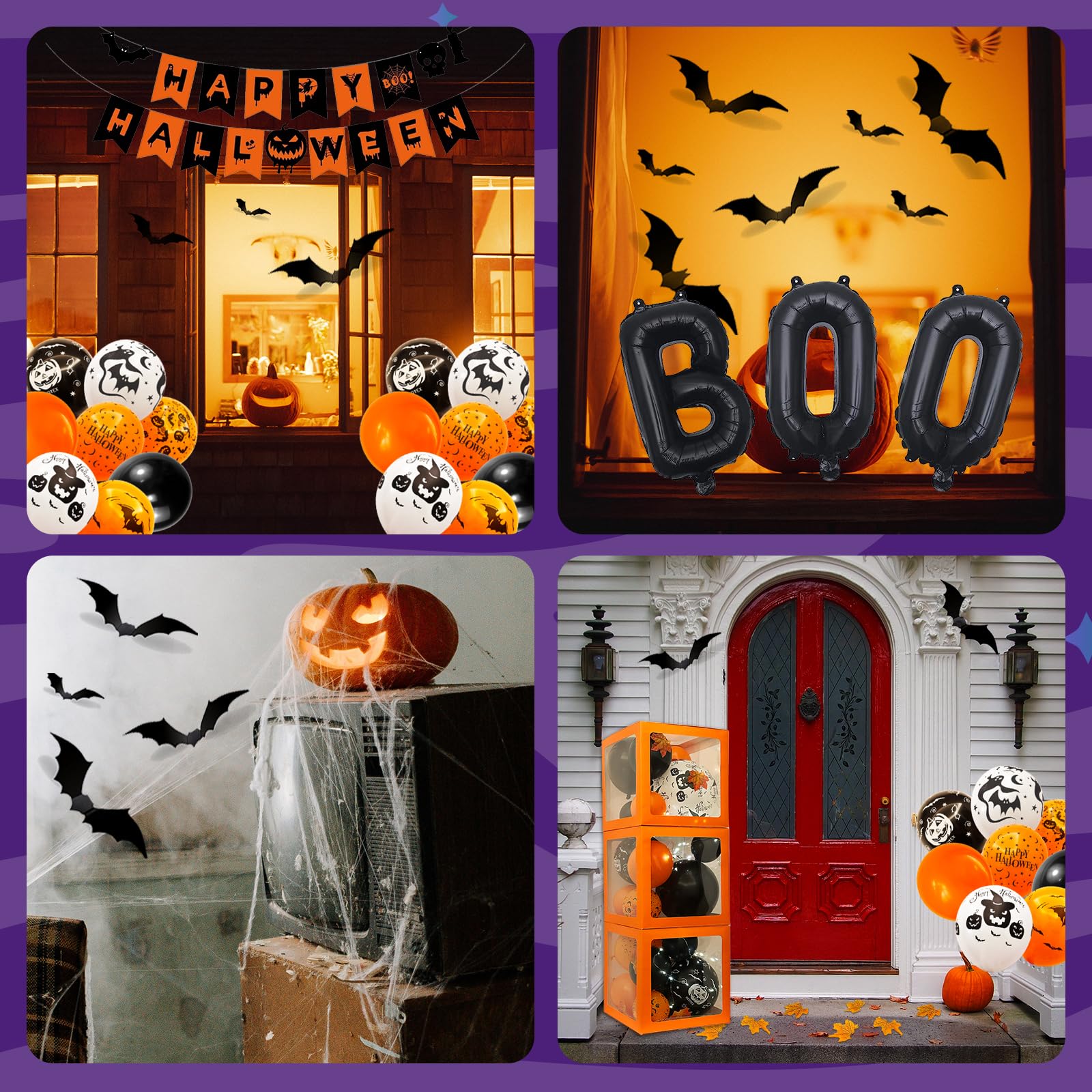 128 Pcs ​Halloween Party Decorations, Halloween Party Supplies - Halloween Balloon boxes, String Light, "HAPPY HALLOWEEN" Banner, "BOO" Banner, Multi Balloons, Bat Decor, Spider Wed