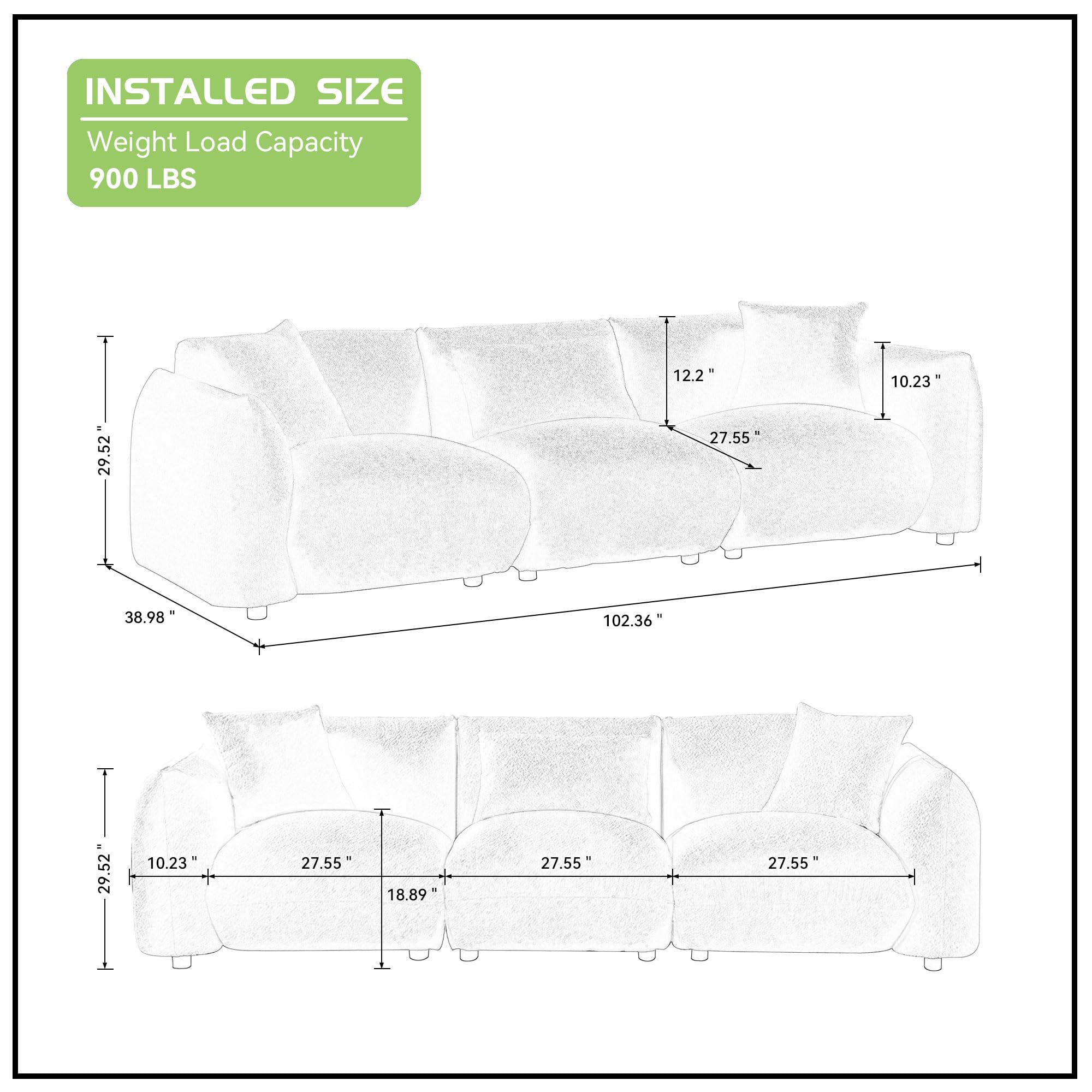 KEVINSPACE 109.84" Modern Sofa, 3 Seater Sofa Couch for Living Room, Boucle Fabric Couch, Upholstered Furniture Set Cream Sectional Sofas, Tufted Sofa with 3 Pillows for Bedroom, Office, Apartment