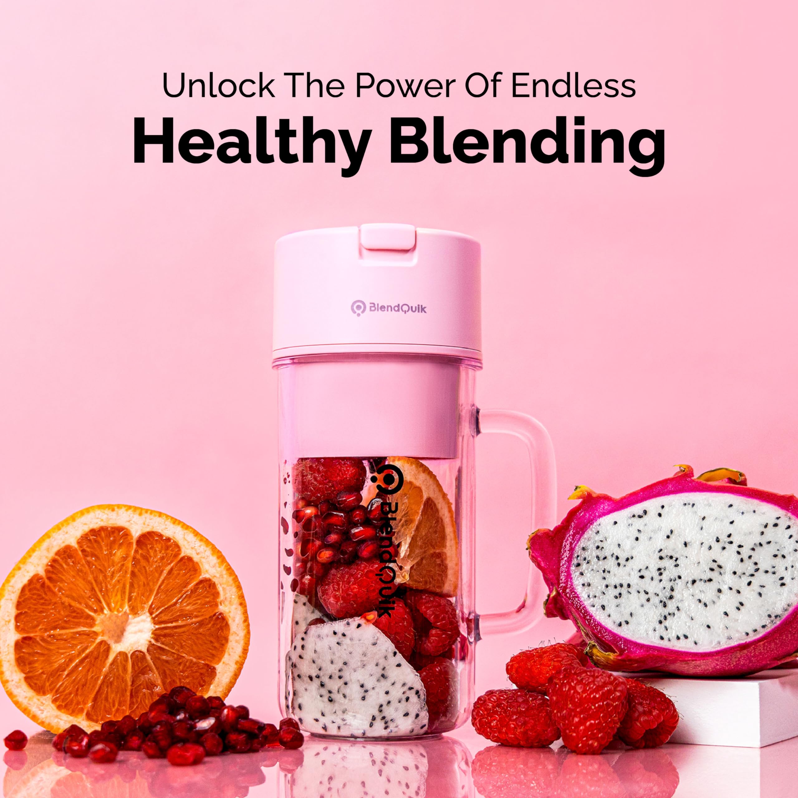 BlendQuik, Personal Portable Blender For Shakes & Smoothies, Leakproof & Stylish Portable Mason Jar Shaker, Rechargeable Mini Blender with 10-Blade Blending System 14oz, Pink