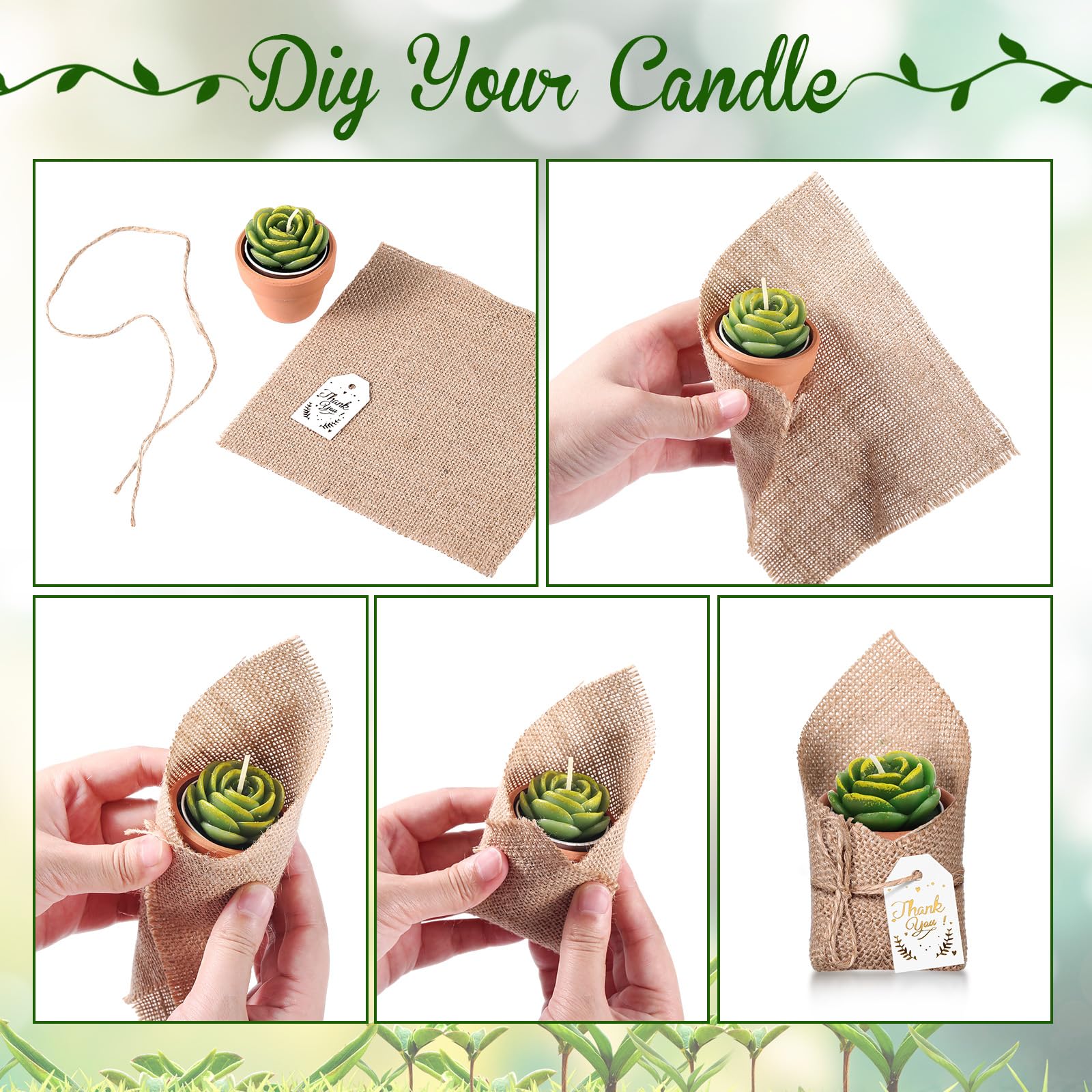 MTLEE 12 Sets Succulent Cactus Tealight Candles with Mini Terracotta Pots Natural Burlap Bags Thank You Tag and Ropes, Baby Shower Plant Candles, Handmade Plant Candles Gift for Birthday and Wedding