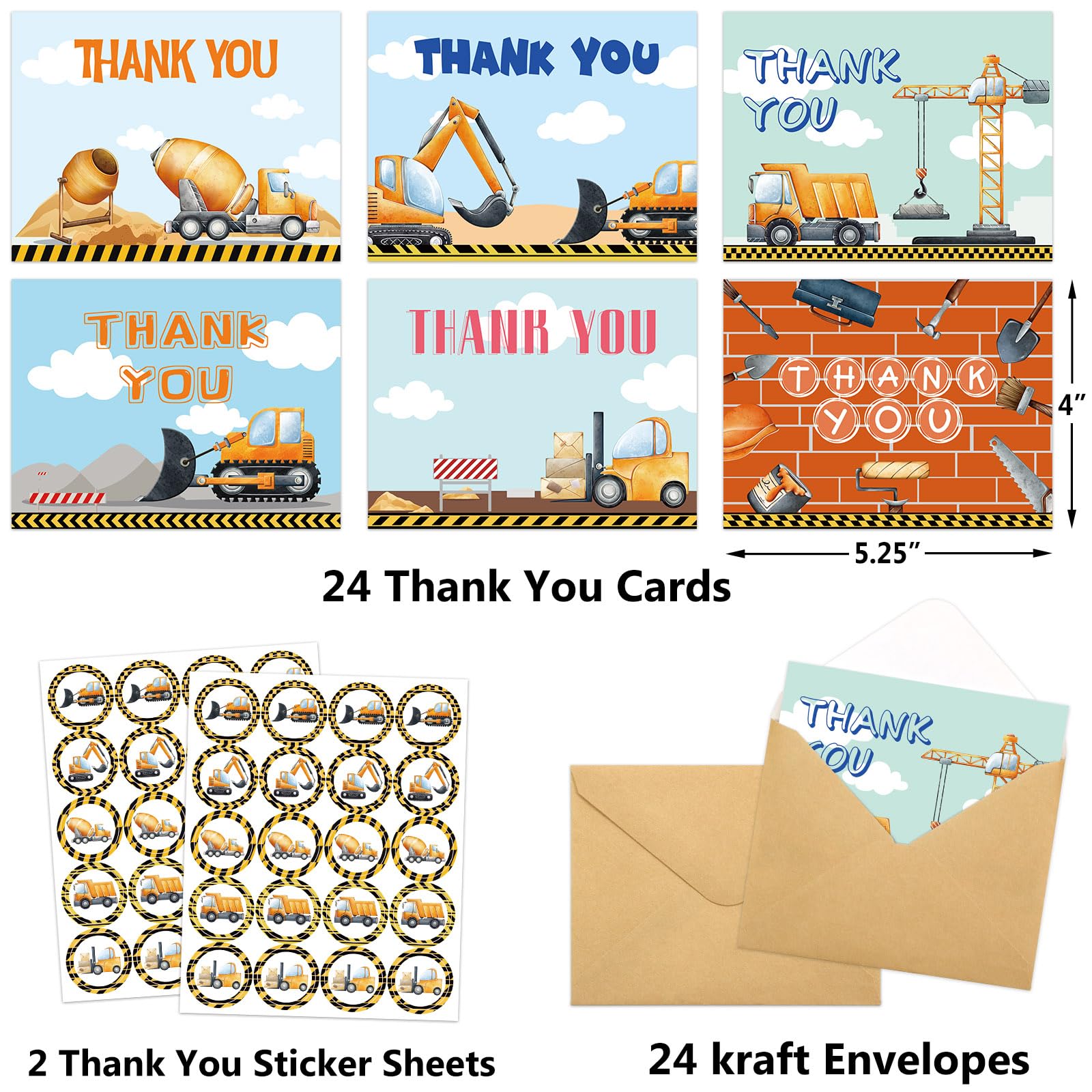 Construction Thank You Cards 24 Pack Kids Thank You Notes Greeting Cards with Envelopes Birthday Teacher Gift