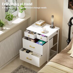 YILQQPER Nightstand, Small Dresser, Bedside Furniture, White Night Stand End Table with 4 Fabric Drawers for Bedroom, Leather Finish & Wood Top, White