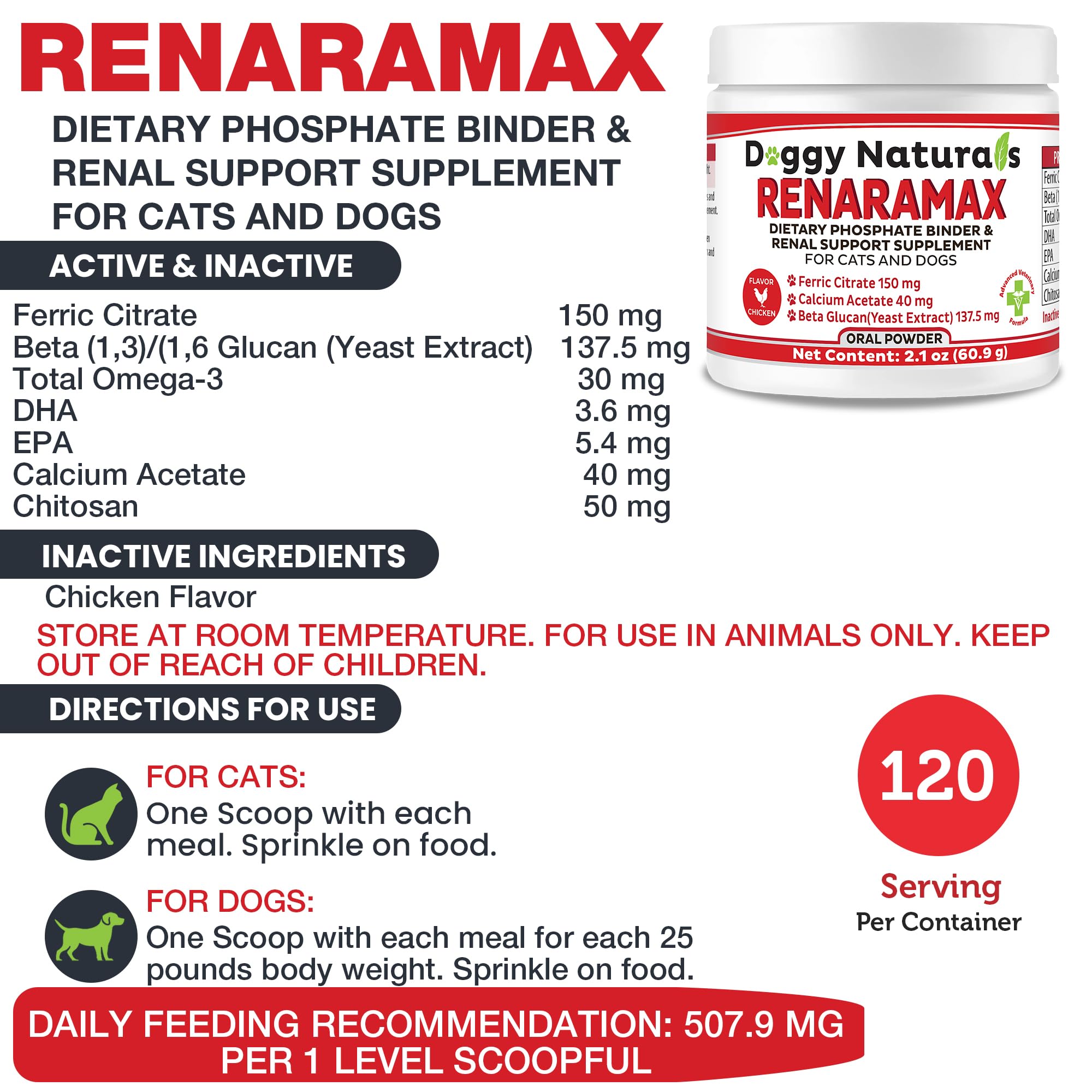 RENARAMAX Dietary Phosphate Binder for Cats & Dogs and Renal Support Supplement Powder for Pets, 120 dose (60.9 g) - (Made in U.S.A)