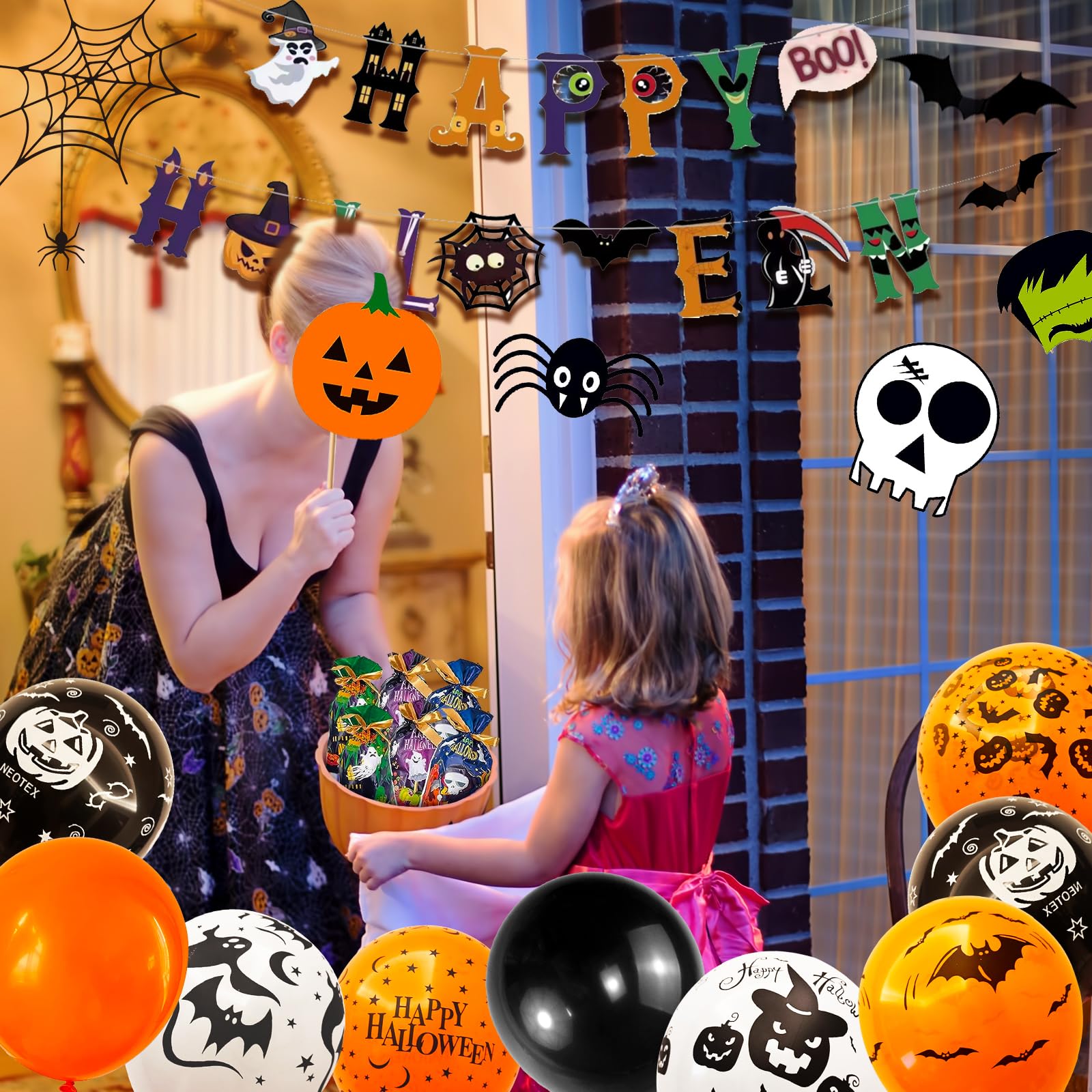 UJoyant 101 Pcs ​Halloween Party Decorations, Halloween Party Supplies - Ghost and Bat Pumpkin Banner, Halloween Multi Balloons, Photo Booth Props, Candy Gift Bags, Spider Wed