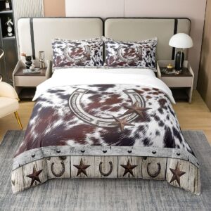 100% organic cotton rustic western duvet cover,cow print bedding set queen,farmhouse highland cow farm animal comforter cover for cowboy cowgirl,old barn bed sets with 2 pillowcases bedroom decor