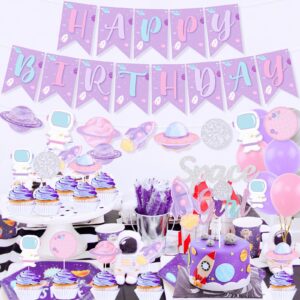 Outer Space Disco Girls Birthday Decorations, Out of This World Space Disco Happy Birthday Party Banner Cake Topper Balloon for Galaxy Astronaut Rocket UFO Planets Space Themed Birthday Baby Shower