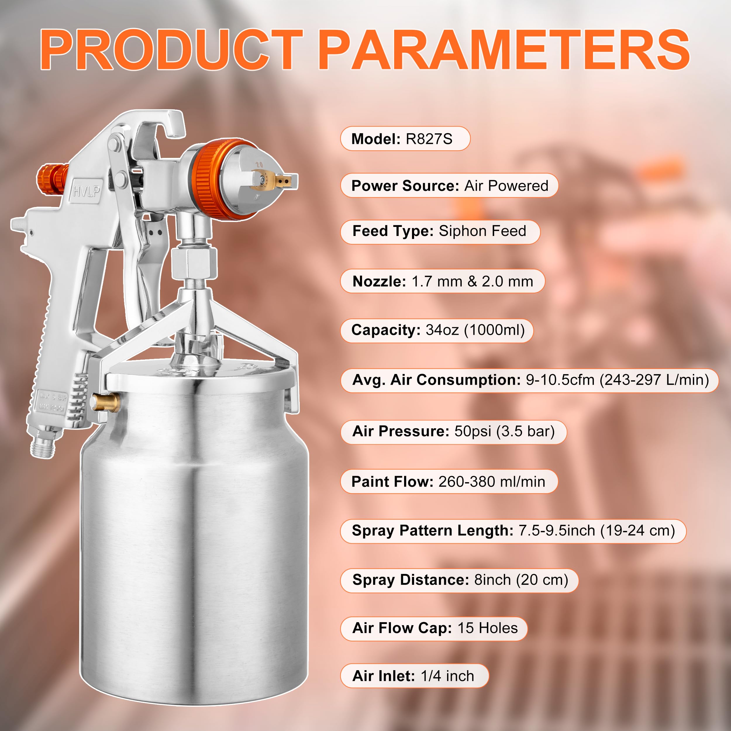 REFINE HVLP Spray Gun, Siphon Air Paint Sprayer Gun with 1.7mm 2mm Nozzle Sets, 1000CC Automotive Paint Gun with Air Regulator, Professional for Car, Furniture, House Painting