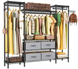 large garment rack heavy duty clothes rack,freestanding closet portable clothing rack with 8 adjustable wire shelves,3 hang rods,4 fabric drawers,2 hooks,metal closet storage wardrobe,maxload 900lbs