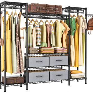 Large Garment Rack Heavy Duty Clothes Rack,Freestanding Closet Portable Clothing Rack with 8 Adjustable Wire Shelves,3 Hang Rods,4 Fabric Drawers,2 Hooks,Metal Closet Storage Wardrobe,MaxLoad 900lbs