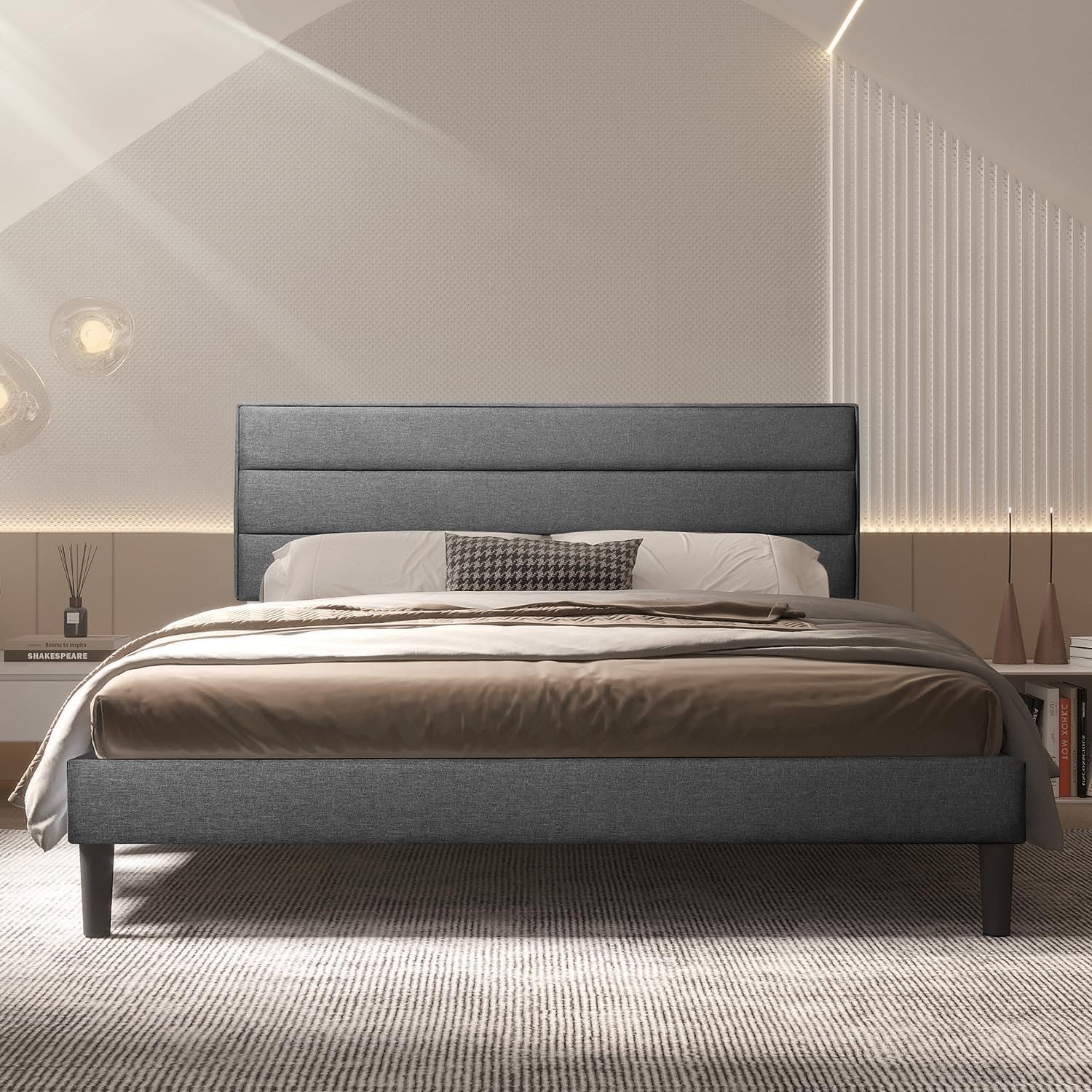 BONSOIR Queen Size Grey Color Modern Low Profile Upholstered Bed Frame with Tufted Headboard