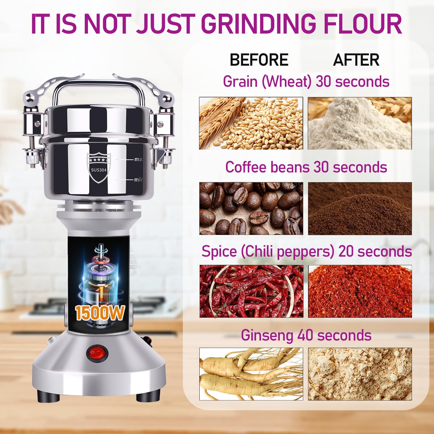 150g Grain Mill Grinder, 304 Stainless Steel Grain Mill, 1500W High-speed Commercial Spice Grinder, Superfine Grain Grinder, Flour Mill Grinder for Home, Grinder for Kitchen, Spice Grinder Electric