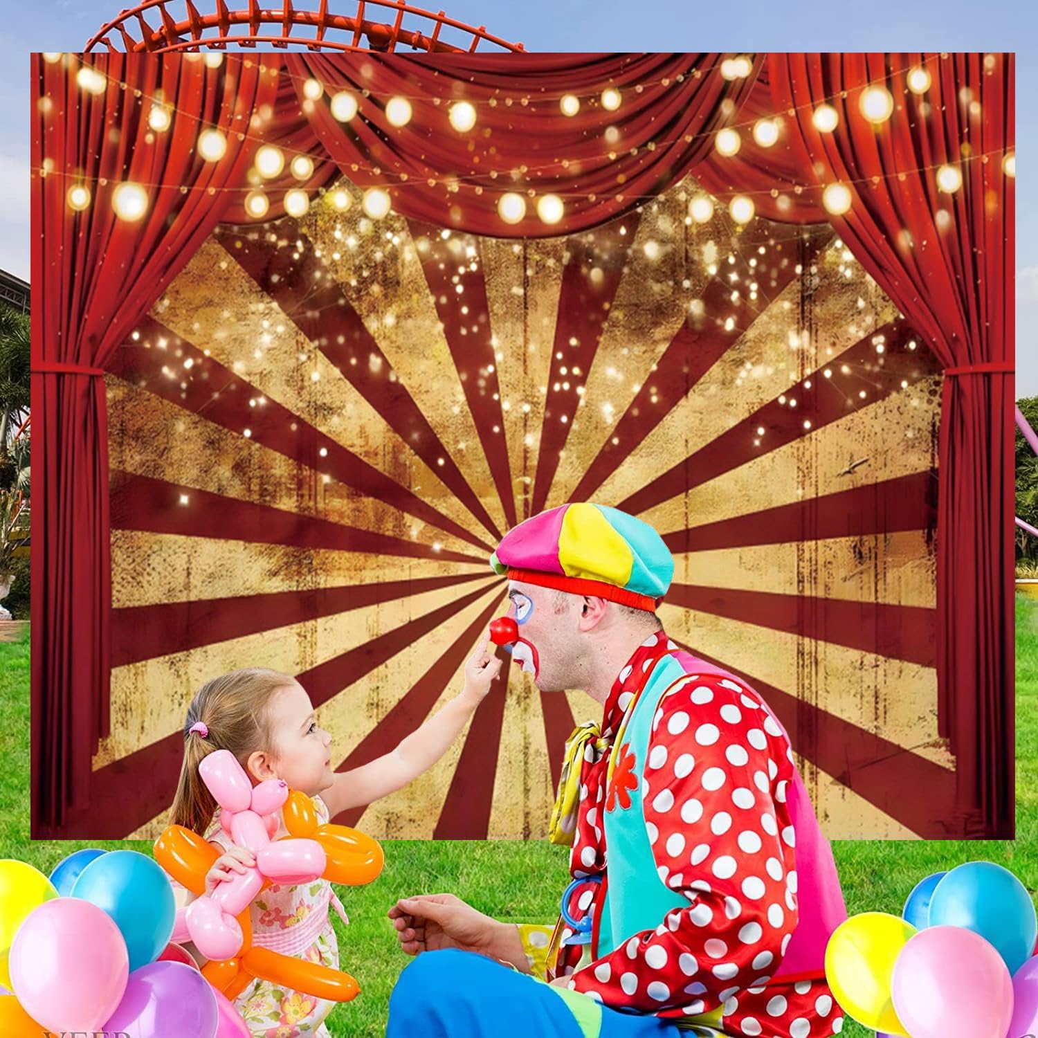 10x8ft Circus Backdrop Carnival Theme Party Red Curtain Background Baby Shower Birthday Party Potrait Banner Photo Booth Cake Table Decorations