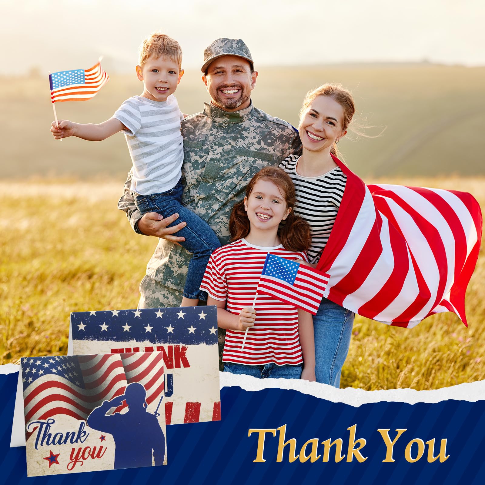 Pasimy 120 Sets Patriotic Thank You Cards with White Envelopes 2024 Upgrade 4th of July Cards American Flag Greeting Cards Bulk Note Cards for Veterans Memorial Independence Day Party Favor Gifts