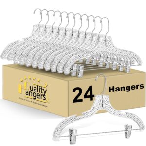 clear plastic hangers for pants 24 pack - skirt hangers with crystal cut design - all in one curved shoulder clothes hangers with clips - perfect clothing hangers for everyday use (24, 17" inch)