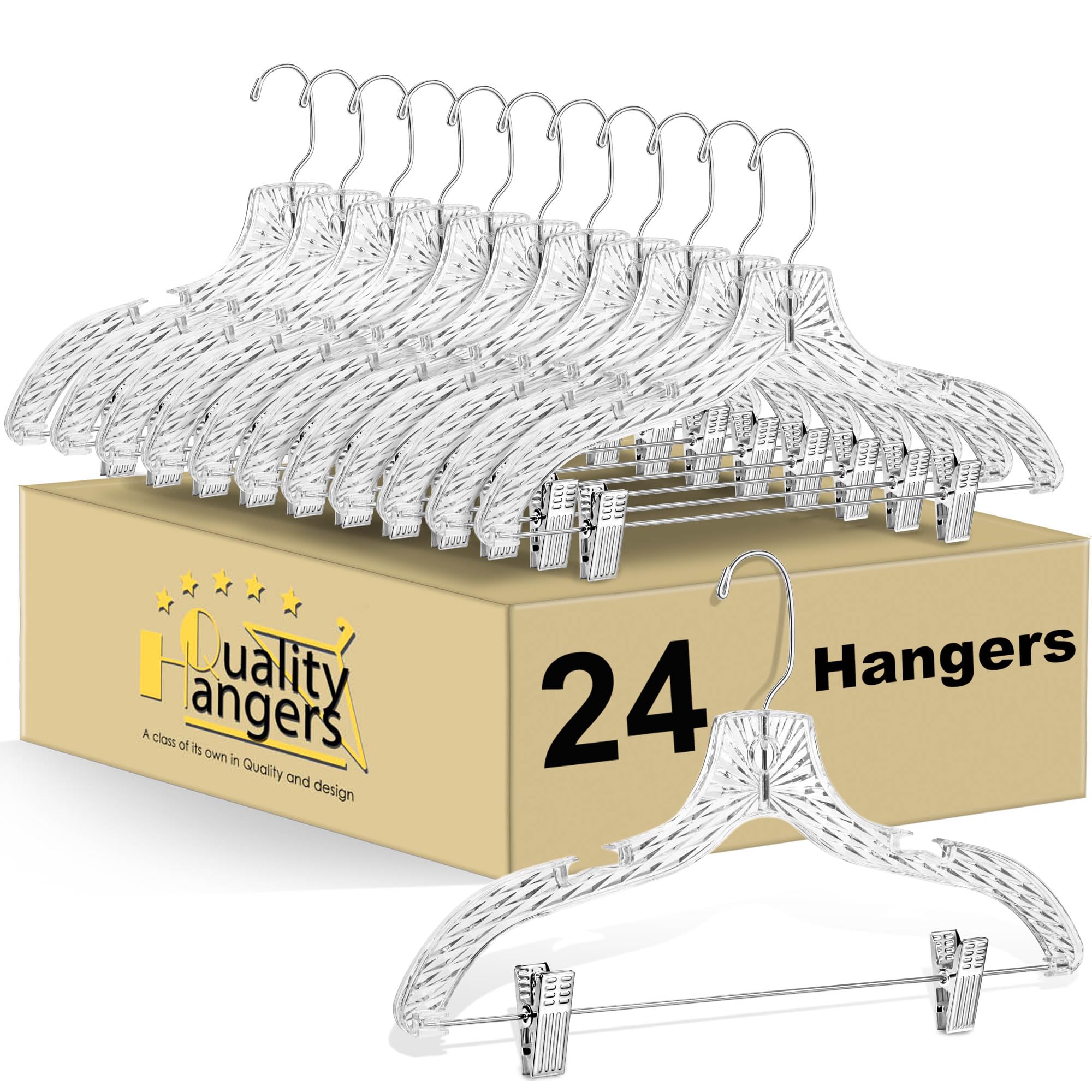 Clear Plastic Hangers for Pants 24 Pack - Skirt Hangers with Crystal Cut Design - All in One Curved Shoulder Clothes Hangers with Clips - Perfect Clothing Hangers for Everyday Use (24, 17" inch)