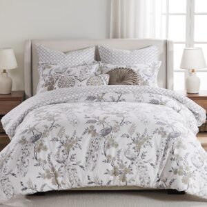 levtex home - pisa duvet cover set full/queen + two standard pillow cases floral contemporary peacock grey and taupe (90 x 94in.) case (26 20in.) cotton