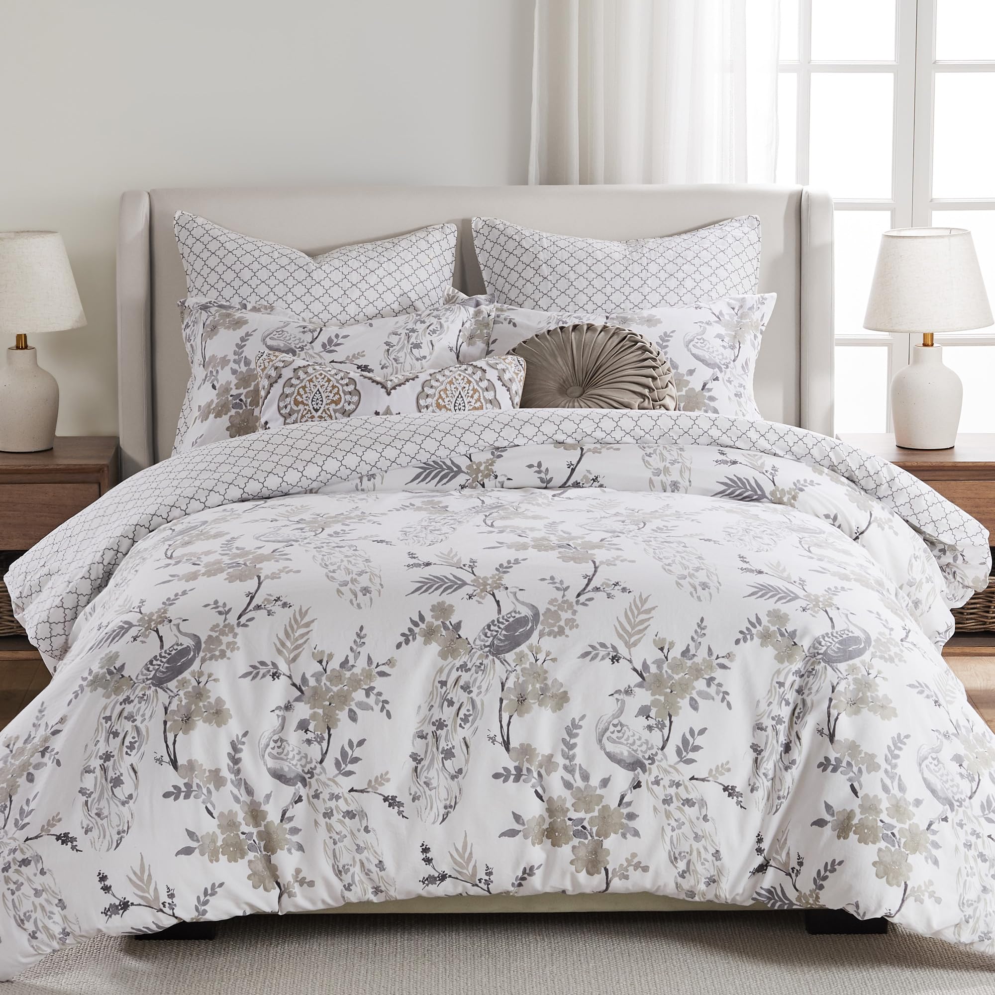 Levtex Home - Pisa Duvet Cover Set Full/Queen + Two Standard Pillow Cases Floral Contemporary Peacock Grey and Taupe (90 x 94in.) Case (26 20in.) Cotton