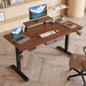 jceet 63x30 inches electric standing desk with drawer, adjustable height sit stand up desk with storage shelf, home office desk computer workstation with dark walnut top/black frame