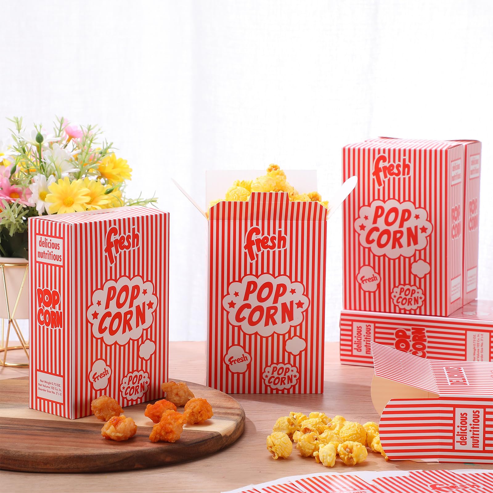 Ireer 200 Pcs 0.75 oz Popcorn Boxes, Close Top Popcorn Containers for Movie Party, Bulk Red and White Striped Paper Popcorn Boxes for Popcorn Machine Theater Night Party Carnival Circus Party Supply