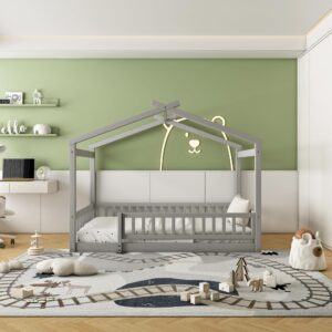 polibi full size wood floor bed frame,full house-shaped bed daybed with fence, for kids teens girls boys,gray