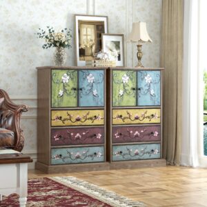 FINETONES Wood Dresser Chest of Drawers, Tall Dresser Boho Dresser with Drawers and Doors, 16.1D x 23.6W 42.3H Inch Wood Dresser Accent Dresser for Home Office