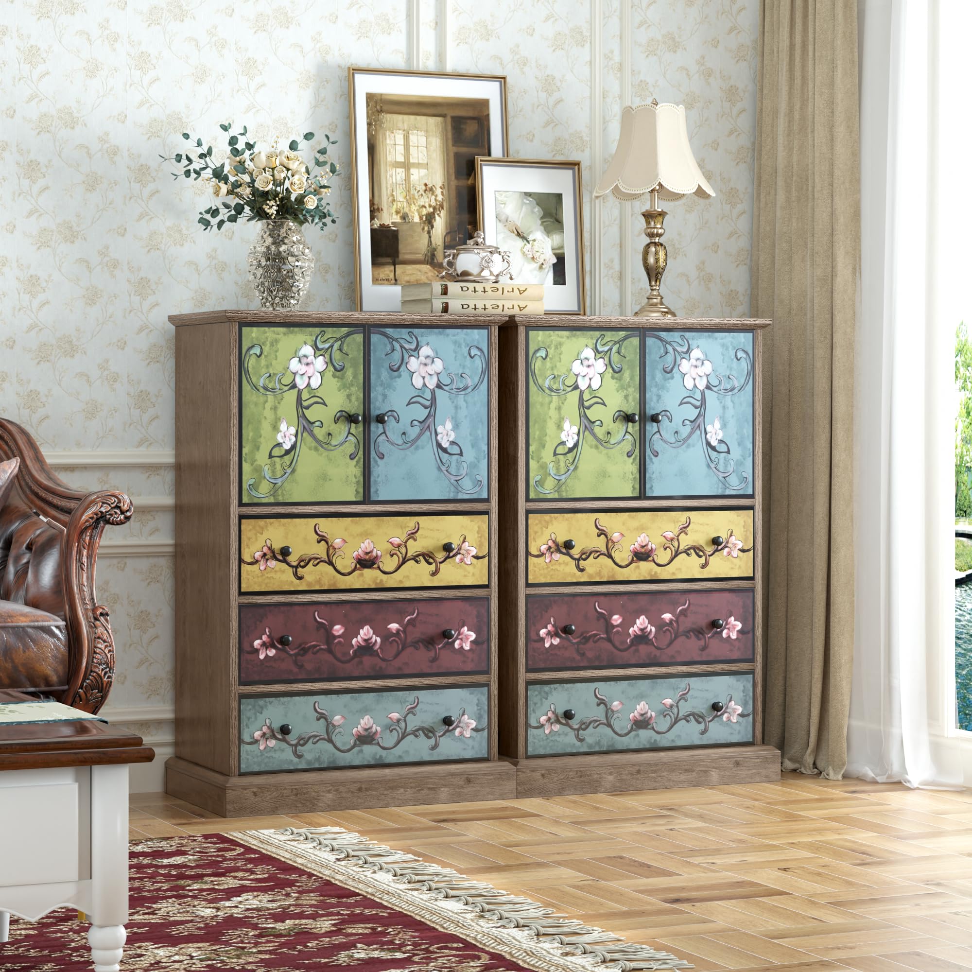 FINETONES Wood Dresser Chest of Drawers, Tall Dresser Boho Dresser with Drawers and Doors, 16.1D x 23.6W 42.3H Inch Wood Dresser Accent Dresser for Home Office