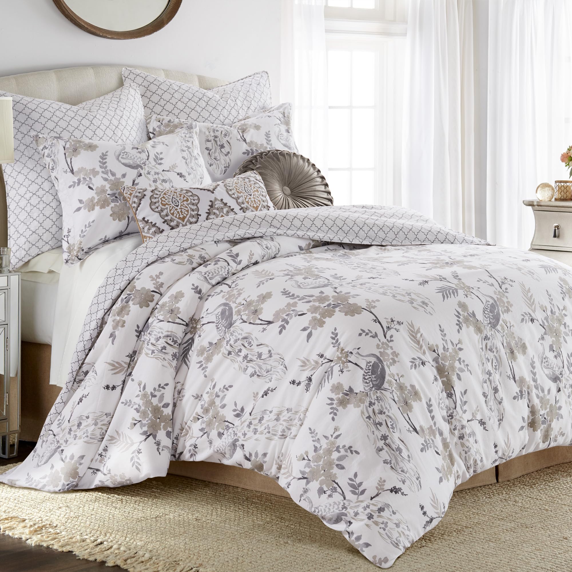 Levtex Home - Pisa Duvet Cover Set Full/Queen + Two Standard Pillow Cases Floral Contemporary Peacock Grey and Taupe (90 x 94in.) Case (26 20in.) Cotton