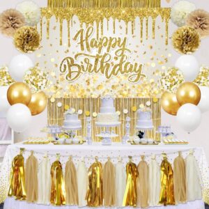 gold birthday party decorations set happy birthday decorations for women girls- happy birthday banner backdrop gold and white balloons tassel curtains gold dot tablecloth birthday party supplies